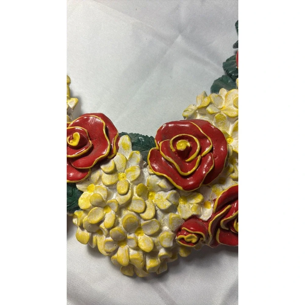 Vintage 1997 Wangs International Hand Painted Resin Floral Heart Wreath Red Rose